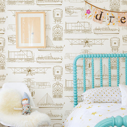 Cartoon Transportation Media Wall Decor Non-Woven Fabric Wallpaper for Children, 33'L x 20.5"W White-Gold Clearhalo 'Wall Decor' 'Wallpaper' 1122729