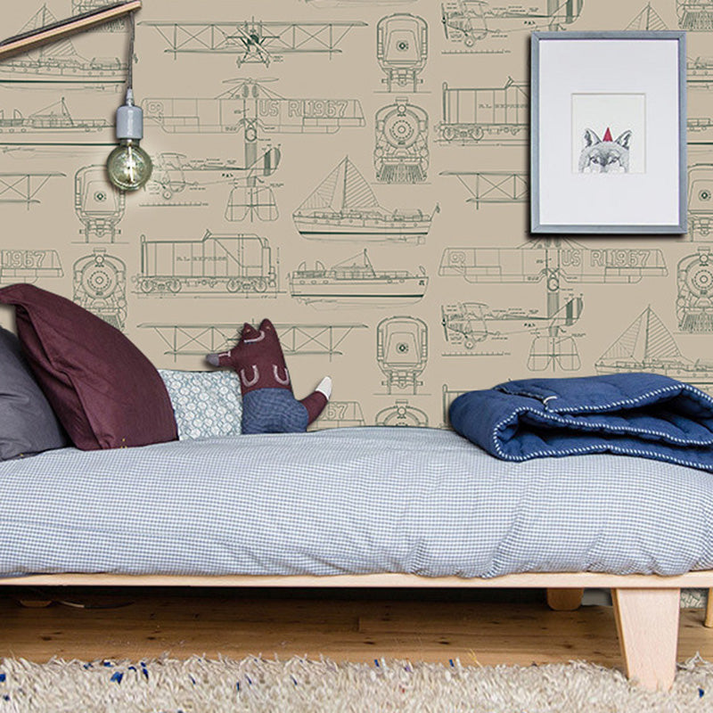 Cartoon Transportation Media Wall Decor Non-Woven Fabric Wallpaper for Children, 33'L x 20.5"W Green-Coffee Clearhalo 'Wall Decor' 'Wallpaper' 1122735