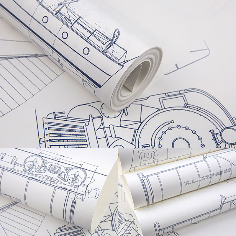 Cartoon Transportation Media Wall Decor Non-Woven Fabric Wallpaper for Children, 33'L x 20.5"W White-Blue Clearhalo 'Wall Decor' 'Wallpaper' 1122738