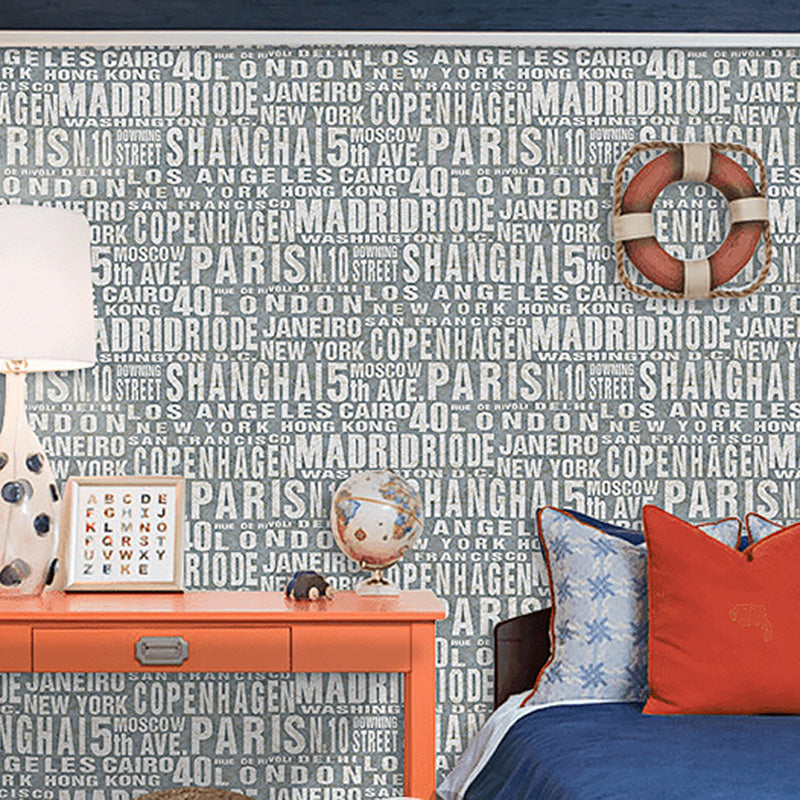 Minimalist Letters Wallpaper Roll for Kids, 57.1 sq ft. Wall Covering in Natural Color Blue Clearhalo 'Wall Decor' 'Wallpaper' 1122740