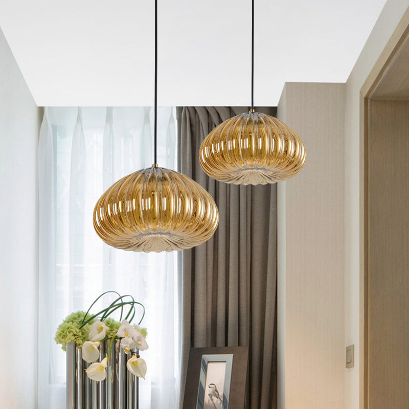 Post-Modern Dome Pendant Lighting Cognac/Clear Ribbed Glass 1 Head Dining Table Suspension Lamp Clearhalo 'Ceiling Lights' 'Glass shade' 'Glass' 'Modern Pendants' 'Modern' 'Pendant Lights' 'Pendants' Lighting' 1125146