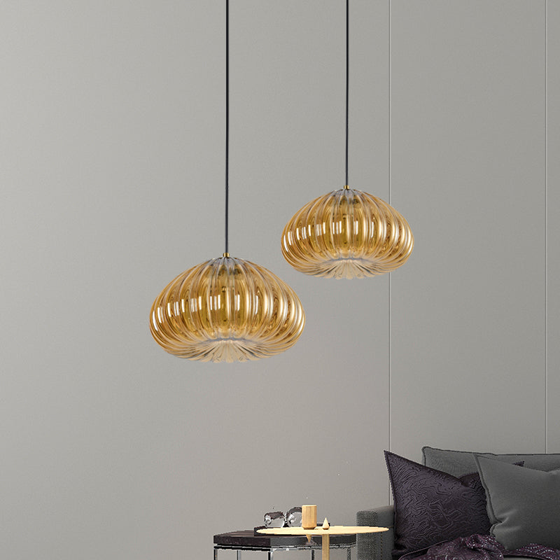 Post-Modern Dome Pendant Lighting Cognac/Clear Ribbed Glass 1 Head Dining Table Suspension Lamp Clearhalo 'Ceiling Lights' 'Glass shade' 'Glass' 'Modern Pendants' 'Modern' 'Pendant Lights' 'Pendants' Lighting' 1125147