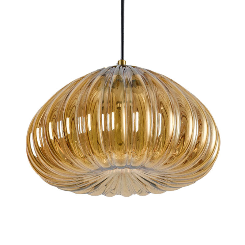 Post-Modern Dome Pendant Lighting Cognac/Clear Ribbed Glass 1 Head Dining Table Suspension Lamp Clearhalo 'Ceiling Lights' 'Glass shade' 'Glass' 'Modern Pendants' 'Modern' 'Pendant Lights' 'Pendants' Lighting' 1125148