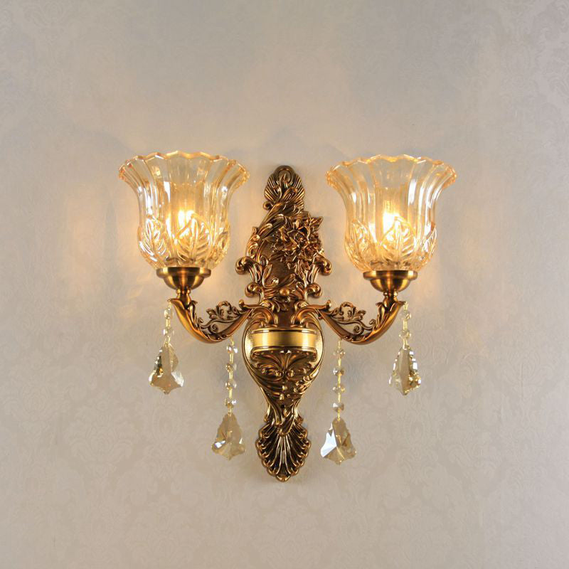 2-Head Wall Lighting Idea with Flower Shade Ribbed Glass Traditional Living Room Wall Lamp in Brass Clearhalo 'Wall Lamps & Sconces' 'Wall Lights' Lighting' 1125317