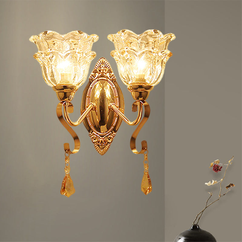 Gold 2 Lights Sconce Lamp Fixture Traditional Clear Crystal Glass Flower Shade Wall Lighting Clearhalo 'Wall Lamps & Sconces' 'Wall Lights' Lighting' 1125332