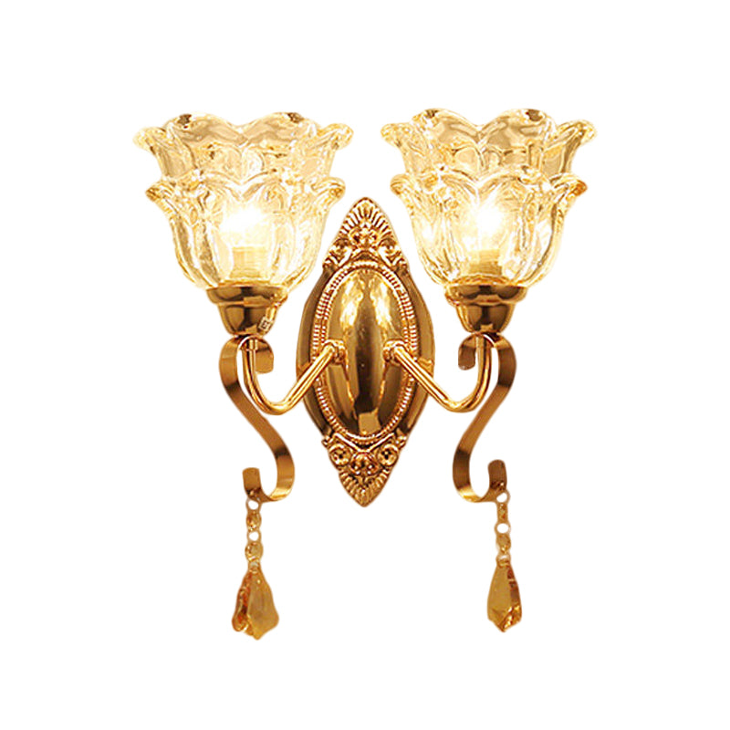 Gold 2 Lights Sconce Lamp Fixture Traditional Clear Crystal Glass Flower Shade Wall Lighting Clearhalo 'Wall Lamps & Sconces' 'Wall Lights' Lighting' 1125333