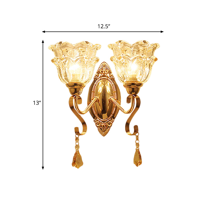 Gold 2 Lights Sconce Lamp Fixture Traditional Clear Crystal Glass Flower Shade Wall Lighting Clearhalo 'Wall Lamps & Sconces' 'Wall Lights' Lighting' 1125334