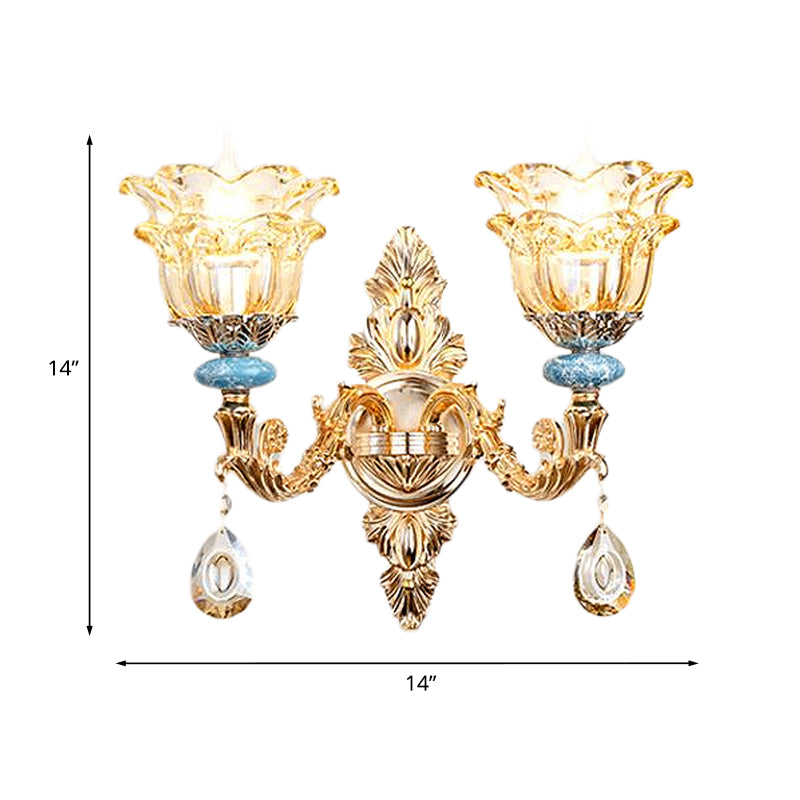 2-Layer Flower Crystal Wall Lamp Kit Traditional 1/2-Bulb Bedside Wall Mount Lighting in Gold Clearhalo 'Wall Lamps & Sconces' 'Wall Lights' Lighting' 1125386