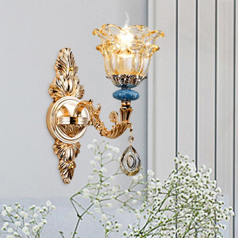 2-Layer Flower Crystal Wall Lamp Kit Traditional 1/2-Bulb Bedside Wall Mount Lighting in Gold 1.0 Gold Clearhalo 'Wall Lamps & Sconces' 'Wall Lights' Lighting' 1125387