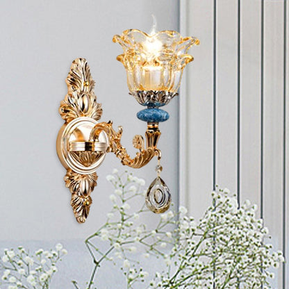 2-Layer Flower Crystal Wall Lamp Kit Traditional 1/2-Bulb Bedside Wall Mount Lighting in Gold 1.0 Gold Clearhalo 'Wall Lamps & Sconces' 'Wall Lights' Lighting' 1125387