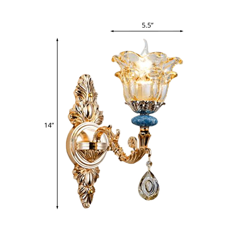 2-Layer Flower Crystal Wall Lamp Kit Traditional 1/2-Bulb Bedside Wall Mount Lighting in Gold Clearhalo 'Wall Lamps & Sconces' 'Wall Lights' Lighting' 1125391