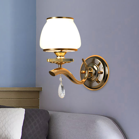 1/2-Bulb Tapered Wall Light Fixture Postmodern White Glass Wall Sconce Lighting with Crystal Drop 1.0 White Clearhalo 'Modern wall lights' 'Modern' 'Wall Lamps & Sconces' 'Wall Lights' Lighting' 1125428