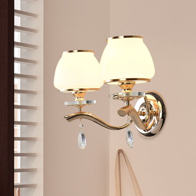 1/2-Bulb Tapered Wall Light Fixture Postmodern White Glass Wall Sconce Lighting with Crystal Drop Clearhalo 'Modern wall lights' 'Modern' 'Wall Lamps & Sconces' 'Wall Lights' Lighting' 1125433