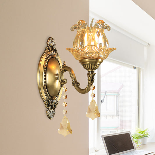 Traditional Semi-Open Flower Sconce 1/2-Light Clear Glass Wall Mount Lighting in Brass Clearhalo 'Wall Lamps & Sconces' 'Wall Lights' Lighting' 1125498
