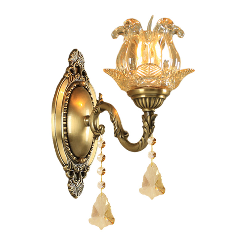 Traditional Semi-Open Flower Sconce 1/2-Light Clear Glass Wall Mount Lighting in Brass Clearhalo 'Wall Lamps & Sconces' 'Wall Lights' Lighting' 1125499