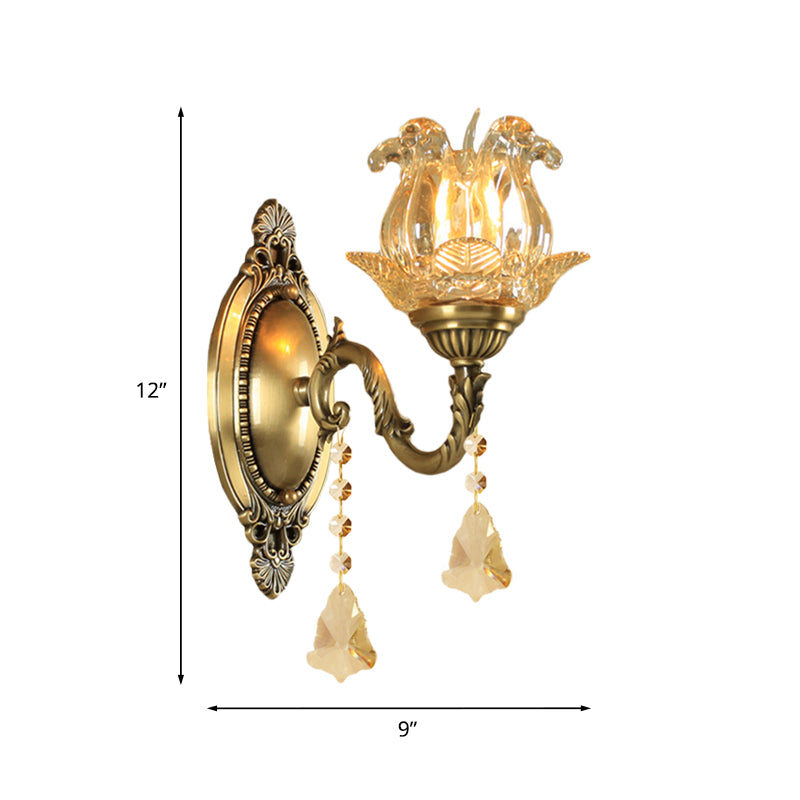 Traditional Semi-Open Flower Sconce 1/2-Light Clear Glass Wall Mount Lighting in Brass Clearhalo 'Wall Lamps & Sconces' 'Wall Lights' Lighting' 1125500