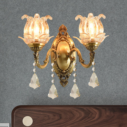 Traditional Semi-Open Flower Sconce 1/2-Light Clear Glass Wall Mount Lighting in Brass Clearhalo 'Wall Lamps & Sconces' 'Wall Lights' Lighting' 1125503