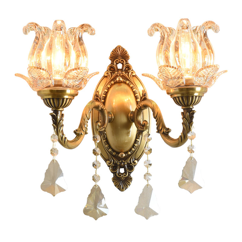 Traditional Semi-Open Flower Sconce 1/2-Light Clear Glass Wall Mount Lighting in Brass Clearhalo 'Wall Lamps & Sconces' 'Wall Lights' Lighting' 1125504