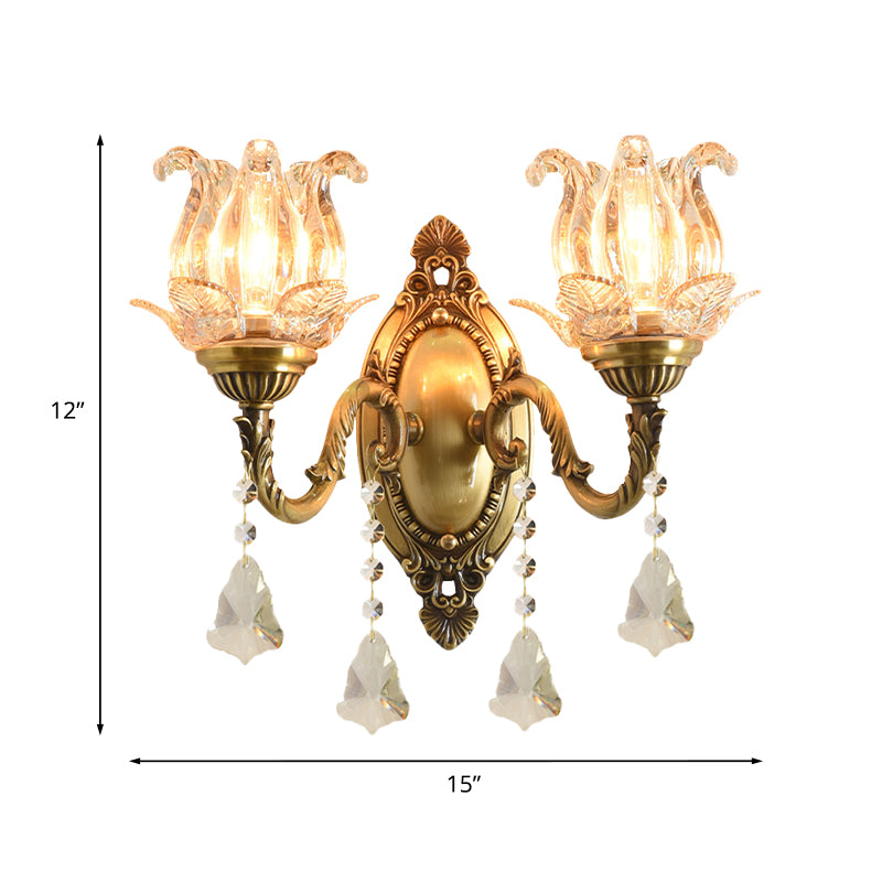 Traditional Semi-Open Flower Sconce 1/2-Light Clear Glass Wall Mount Lighting in Brass Clearhalo 'Wall Lamps & Sconces' 'Wall Lights' Lighting' 1125505