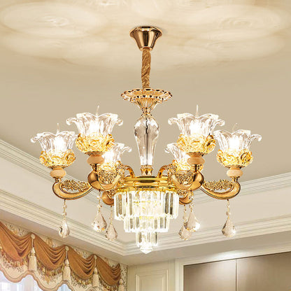 6 Lights Clear Glass Pendant Lamp Traditional Gold Flower Dining Room Chandelier with Tiered Crystal Accent Gold Clearhalo 'Ceiling Lights' 'Chandeliers' Lighting' options 1125522_e0cfd77e-de84-41f7-a1ef-a81e2617414d