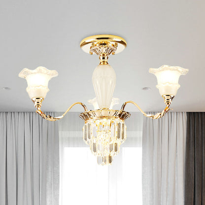 Tapered Crystal Prism Up Chandelier Modern 3/6-Light Bedroom Hanging Lamp with Ruffled Bell Frosted Glass Shade in Gold 3 Gold Clearhalo 'Ceiling Lights' 'Close To Ceiling Lights' 'Close to ceiling' 'Semi-flushmount' Lighting' 1125550