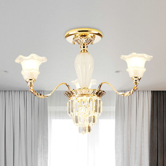 Tapered Crystal Prism Up Chandelier Modern 3/6-Light Bedroom Hanging Lamp with Ruffled Bell Frosted Glass Shade in Gold 3 Gold Clearhalo 'Ceiling Lights' 'Close To Ceiling Lights' 'Close to ceiling' 'Semi-flushmount' Lighting' 1125550
