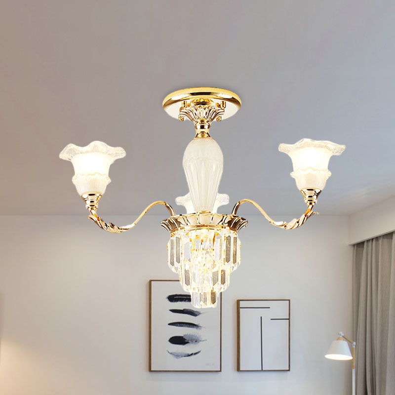 Tapered Crystal Prism Up Chandelier Modern 3/6-Light Bedroom Hanging Lamp with Ruffled Bell Frosted Glass Shade in Gold Clearhalo 'Ceiling Lights' 'Close To Ceiling Lights' 'Close to ceiling' 'Semi-flushmount' Lighting' 1125551