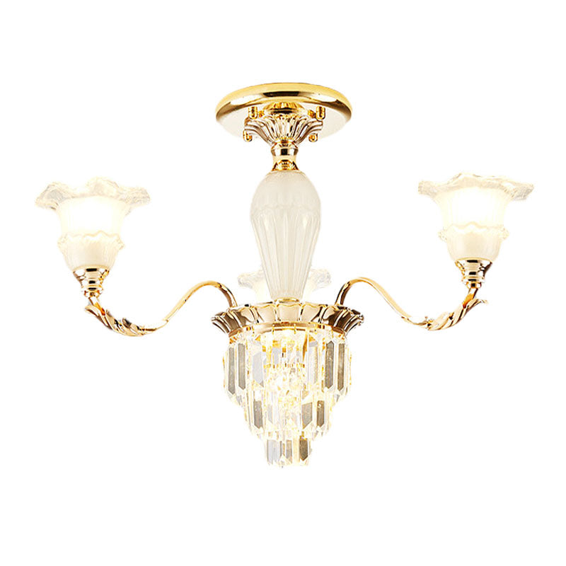 Tapered Crystal Prism Up Chandelier Modern 3/6-Light Bedroom Hanging Lamp with Ruffled Bell Frosted Glass Shade in Gold Clearhalo 'Ceiling Lights' 'Close To Ceiling Lights' 'Close to ceiling' 'Semi-flushmount' Lighting' 1125552