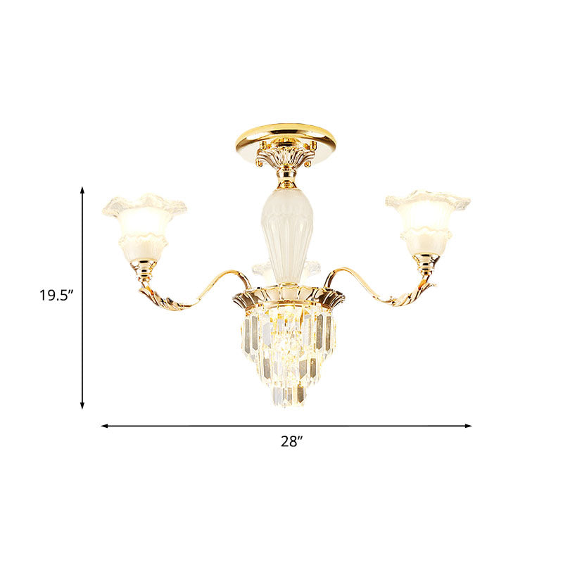 Tapered Crystal Prism Up Chandelier Modern 3/6-Light Bedroom Hanging Lamp with Ruffled Bell Frosted Glass Shade in Gold Clearhalo 'Ceiling Lights' 'Close To Ceiling Lights' 'Close to ceiling' 'Semi-flushmount' Lighting' 1125553
