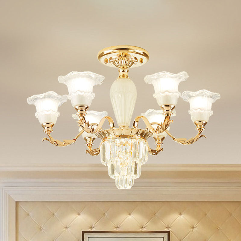 Tapered Crystal Prism Up Chandelier Modern 3/6-Light Bedroom Hanging Lamp with Ruffled Bell Frosted Glass Shade in Gold 6 Gold Clearhalo 'Ceiling Lights' 'Close To Ceiling Lights' 'Close to ceiling' 'Semi-flushmount' Lighting' 1125554