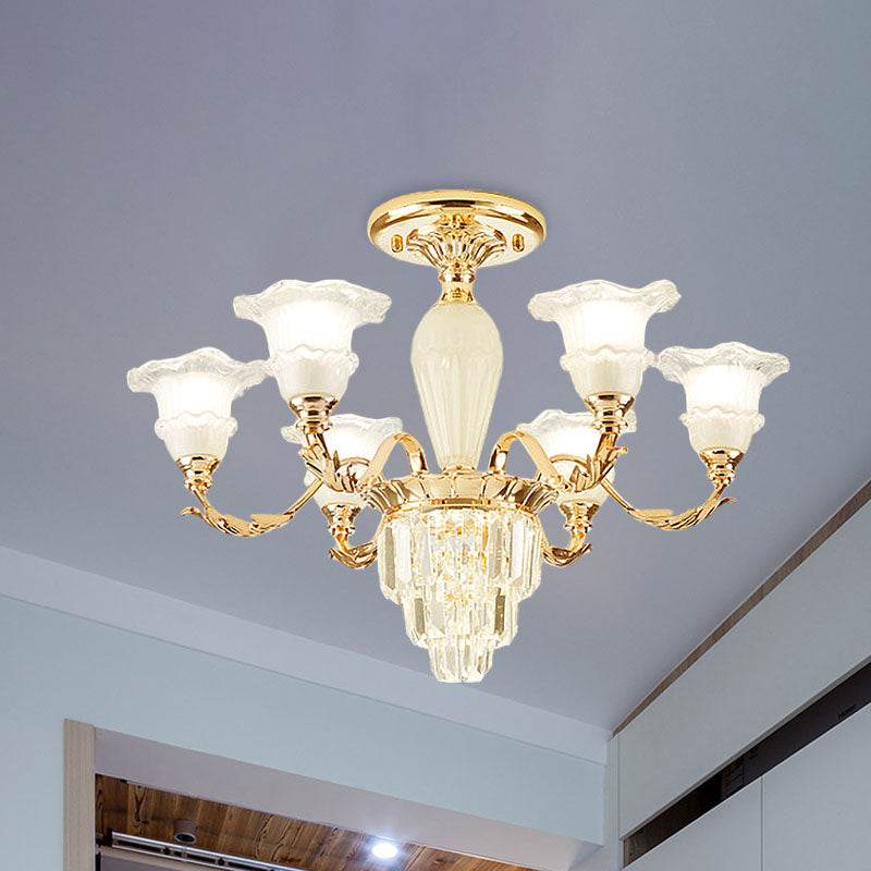 Tapered Crystal Prism Up Chandelier Modern 3/6-Light Bedroom Hanging Lamp with Ruffled Bell Frosted Glass Shade in Gold Clearhalo 'Ceiling Lights' 'Close To Ceiling Lights' 'Close to ceiling' 'Semi-flushmount' Lighting' 1125555