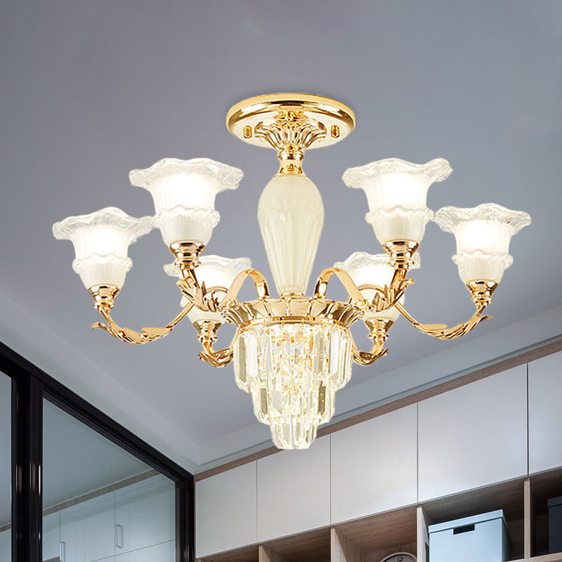 Tapered Crystal Prism Up Chandelier Modern 3/6-Light Bedroom Hanging Lamp with Ruffled Bell Frosted Glass Shade in Gold Clearhalo 'Ceiling Lights' 'Close To Ceiling Lights' 'Close to ceiling' 'Semi-flushmount' Lighting' 1125556