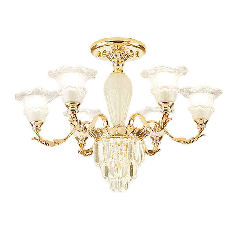Tapered Crystal Prism Up Chandelier Modern 3/6-Light Bedroom Hanging Lamp with Ruffled Bell Frosted Glass Shade in Gold Clearhalo 'Ceiling Lights' 'Close To Ceiling Lights' 'Close to ceiling' 'Semi-flushmount' Lighting' 1125557