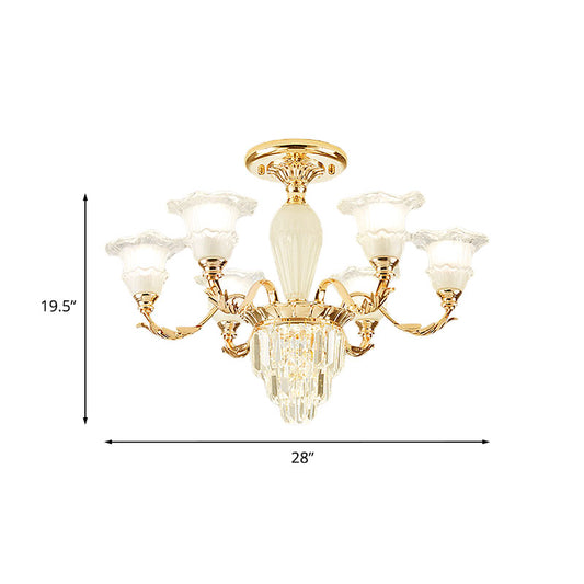 Tapered Crystal Prism Up Chandelier Modern 3/6-Light Bedroom Hanging Lamp with Ruffled Bell Frosted Glass Shade in Gold Clearhalo 'Ceiling Lights' 'Close To Ceiling Lights' 'Close to ceiling' 'Semi-flushmount' Lighting' 1125558
