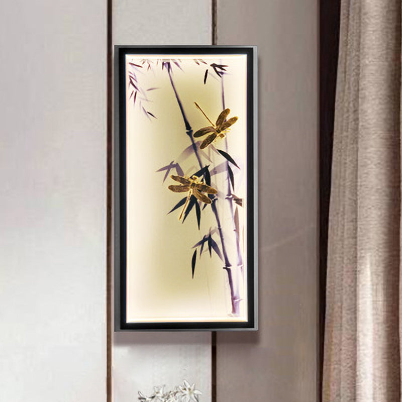 Bedroom LED Mural Lighting Chinese Black Wall Lamp with Dragonfly and Bamboo Print Fabric Shade Black Clearhalo 'Wall Lamps & Sconces' 'Wall Lights' Lighting' 1125860
