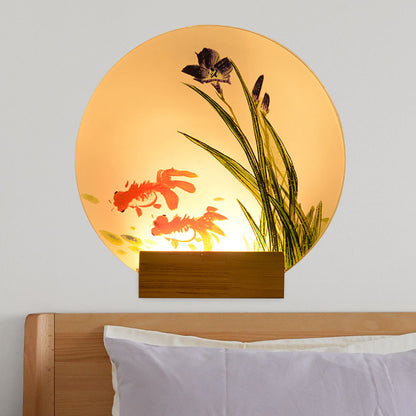 Goldfish/Boat Bedside Mural Lamp Acrylic Asian LED Disc Wall Light Sconce with Wooden Arm Wood Fish Clearhalo 'Wall Lamps & Sconces' 'Wall Lights' Lighting' 1126164