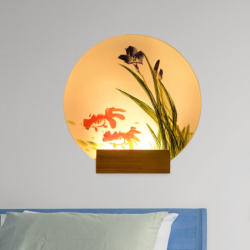 Goldfish/Boat Bedside Mural Lamp Acrylic Asian LED Disc Wall Light Sconce with Wooden Arm Clearhalo 'Wall Lamps & Sconces' 'Wall Lights' Lighting' 1126165