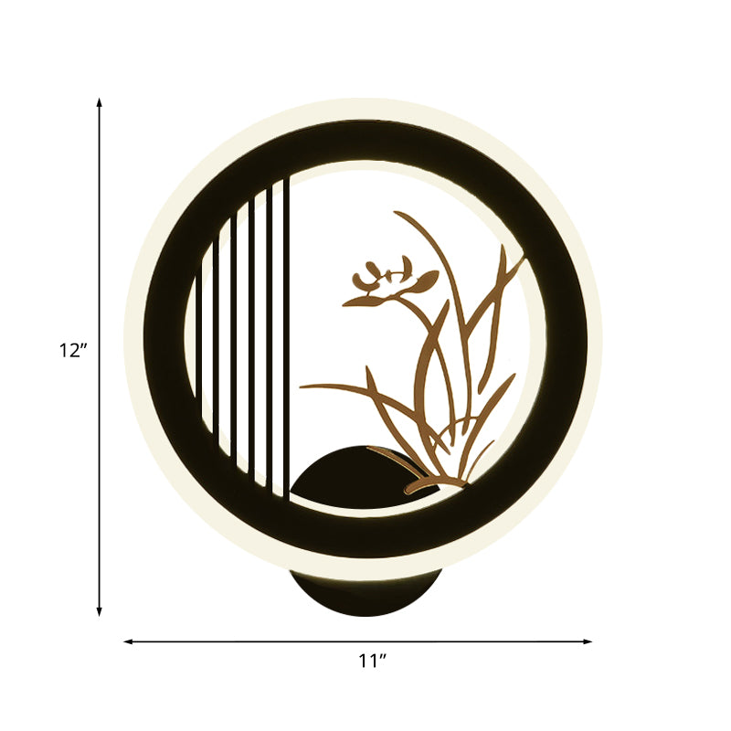 Chrysanths/Orchid Flower LED Mural Light Chinese Acrylic Living Room Hoop Wall Lighting Fixture in Black Clearhalo 'Wall Lamps & Sconces' 'Wall Lights' Lighting' 1126180