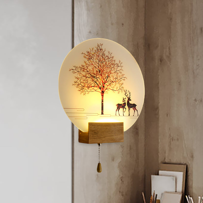 Nordic Deer Under Tree Mural Lamp Acrylic Workshop LED Wall Sconce in Wood with Pull Chain Clearhalo 'Modern wall lights' 'Modern' 'Wall Lamps & Sconces' 'Wall Lights' Lighting' 1126260