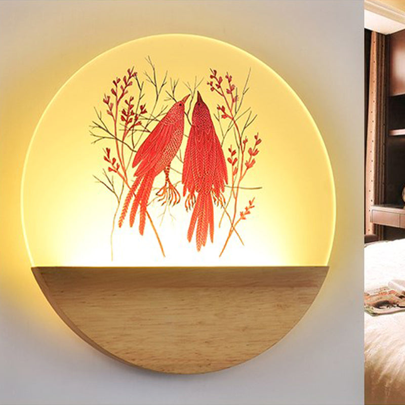 LED Bedroom Wall Mount Mural Light Nordic Wood Sconce with Deer/Bird Patterned Round Acrylic Shade Wood Bird Clearhalo 'Modern wall lights' 'Modern' 'Wall Lamps & Sconces' 'Wall Lights' Lighting' 1126279