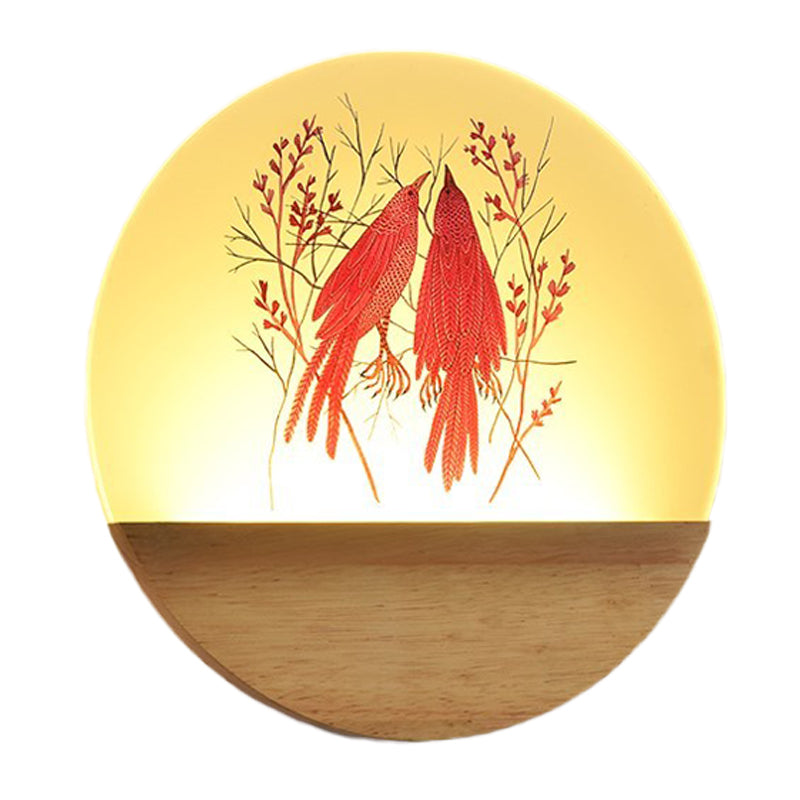 LED Bedroom Wall Mount Mural Light Nordic Wood Sconce with Deer/Bird Patterned Round Acrylic Shade Clearhalo 'Modern wall lights' 'Modern' 'Wall Lamps & Sconces' 'Wall Lights' Lighting' 1126282
