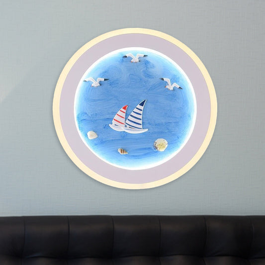 Nautical Striped Sailing Ship Mural Light Acrylic Kids Room LED Round Wall Lamp in Blue Blue Clearhalo 'Cast Iron' 'Glass' 'Industrial' 'Modern wall lights' 'Modern' 'Tiffany' 'Traditional wall lights' 'Wall Lamps & Sconces' 'Wall Lights' Lighting' 1126464