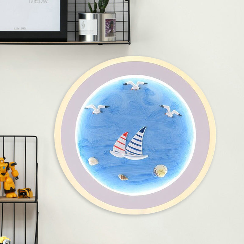 Nautical Striped Sailing Ship Mural Light Acrylic Kids Room LED Round Wall Lamp in Blue Clearhalo 'Cast Iron' 'Glass' 'Industrial' 'Modern wall lights' 'Modern' 'Tiffany' 'Traditional wall lights' 'Wall Lamps & Sconces' 'Wall Lights' Lighting' 1126465