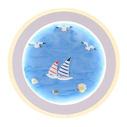 Nautical Striped Sailing Ship Mural Light Acrylic Kids Room LED Round Wall Lamp in Blue Clearhalo 'Cast Iron' 'Glass' 'Industrial' 'Modern wall lights' 'Modern' 'Tiffany' 'Traditional wall lights' 'Wall Lamps & Sconces' 'Wall Lights' Lighting' 1126466