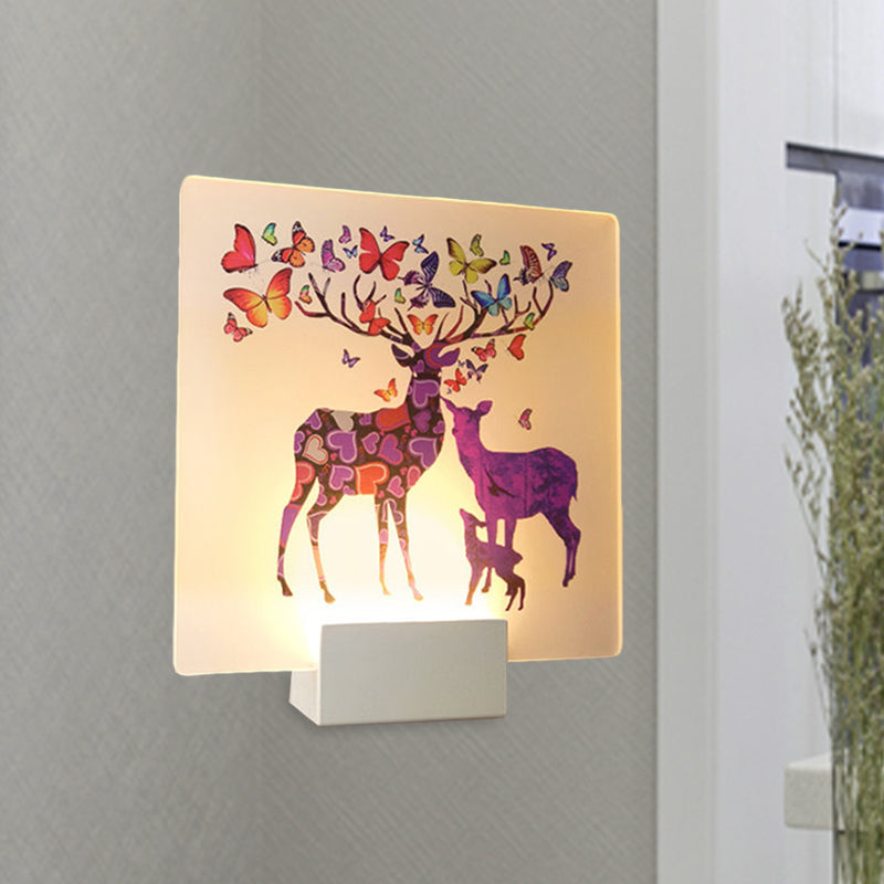 Round/Square Acrylic LED Wall Sconce Nordic White and Pink/Purple Deer Mural Lighting Fixture for Bedside Clearhalo 'Modern wall lights' 'Modern' 'Wall Lamps & Sconces' 'Wall Lights' Lighting' 1126473