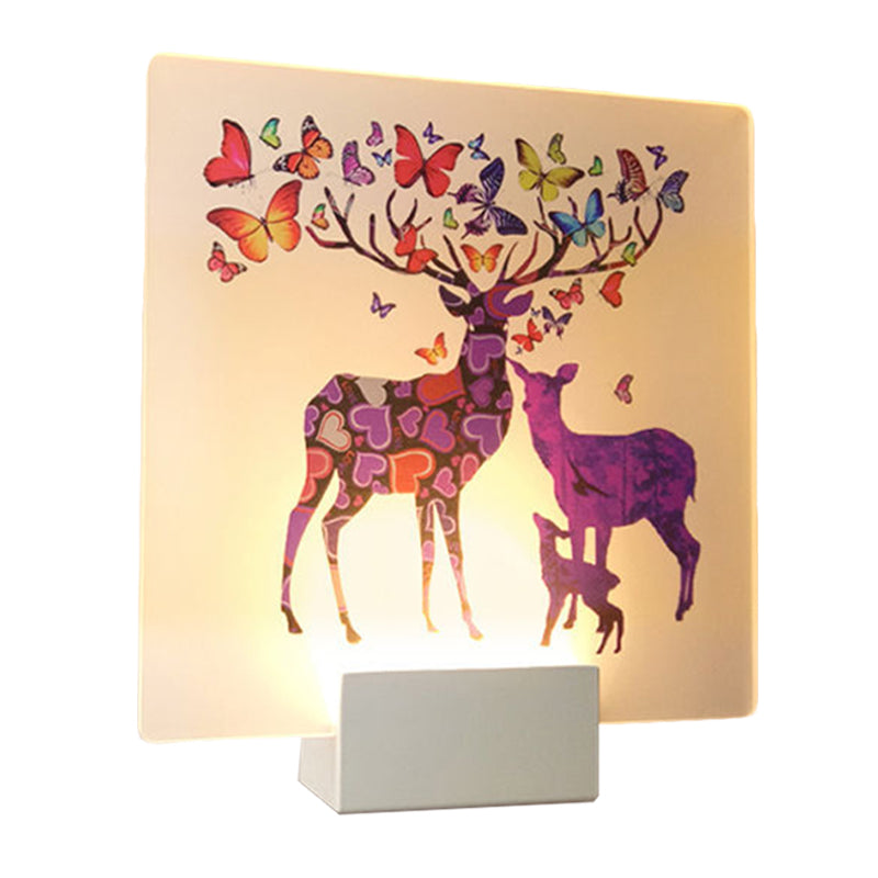 Round/Square Acrylic LED Wall Sconce Nordic White and Pink/Purple Deer Mural Lighting Fixture for Bedside Clearhalo 'Modern wall lights' 'Modern' 'Wall Lamps & Sconces' 'Wall Lights' Lighting' 1126474