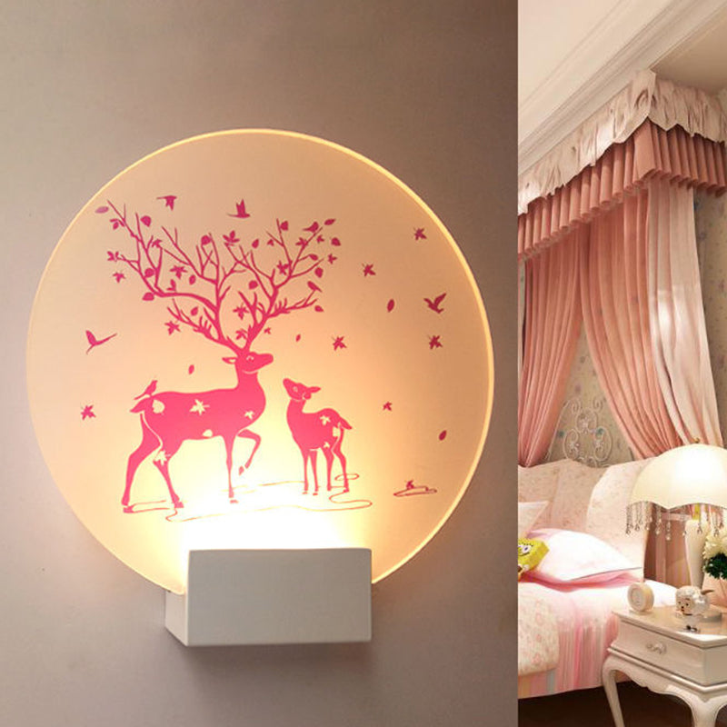 Round/Square Acrylic LED Wall Sconce Nordic White and Pink/Purple Deer Mural Lighting Fixture for Bedside White-Pink Clearhalo 'Modern wall lights' 'Modern' 'Wall Lamps & Sconces' 'Wall Lights' Lighting' 1126476