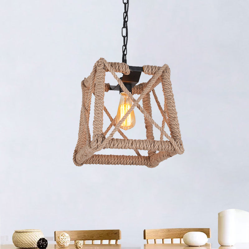 1 Bulb Caged Hanging Ceiling Light with Globe/Square Shade Country Style Black Metal and Rope Pendant Light Black Square Clearhalo 'Ceiling Lights' 'Industrial Pendants' 'Industrial' 'Middle Century Pendants' 'Pendant Lights' 'Pendants' 'Tiffany' Lighting' 1126735
