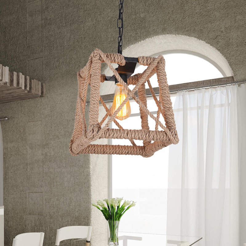 1 Bulb Caged Hanging Ceiling Light with Globe/Square Shade Country Style Black Metal and Rope Pendant Light Clearhalo 'Ceiling Lights' 'Industrial Pendants' 'Industrial' 'Middle Century Pendants' 'Pendant Lights' 'Pendants' 'Tiffany' Lighting' 1126736