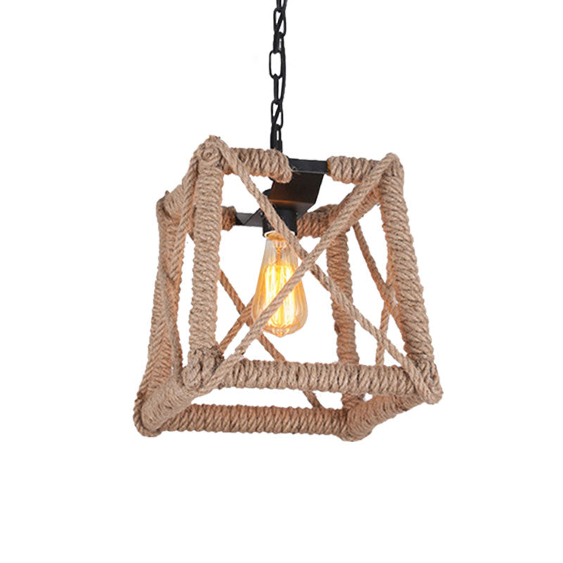 1 Bulb Caged Hanging Ceiling Light with Globe/Square Shade Country Style Black Metal and Rope Pendant Light Clearhalo 'Ceiling Lights' 'Industrial Pendants' 'Industrial' 'Middle Century Pendants' 'Pendant Lights' 'Pendants' 'Tiffany' Lighting' 1126737